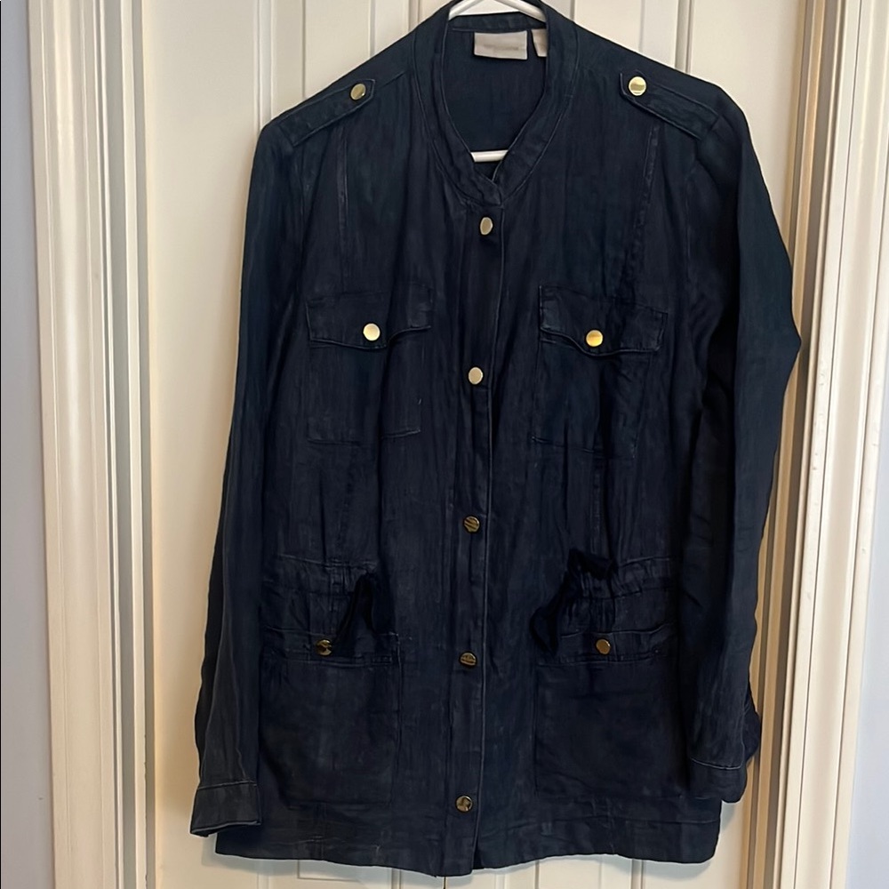 Chico's Black Button Down Shirt with Gold Accents